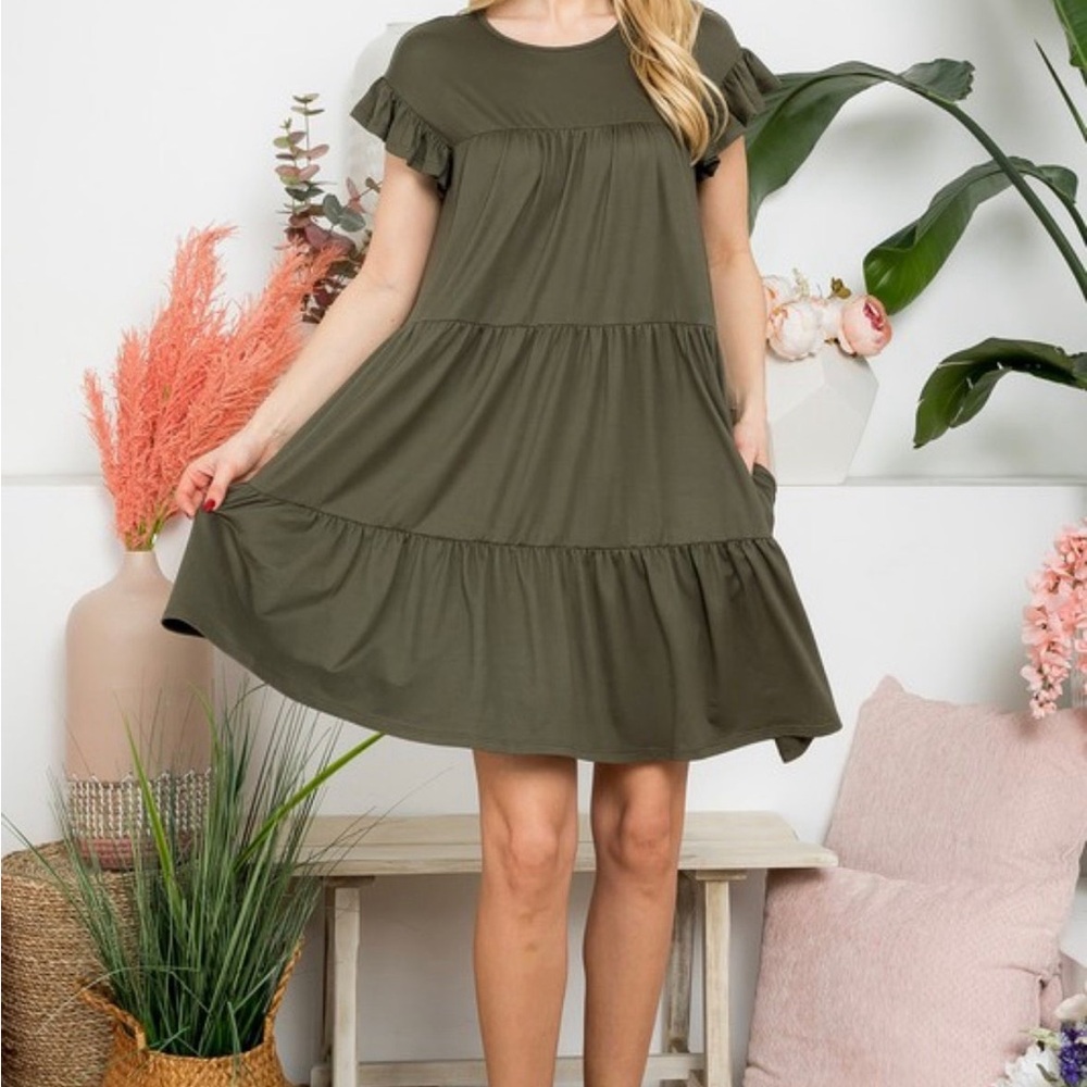 Olive Green Tiered Dress with pockets